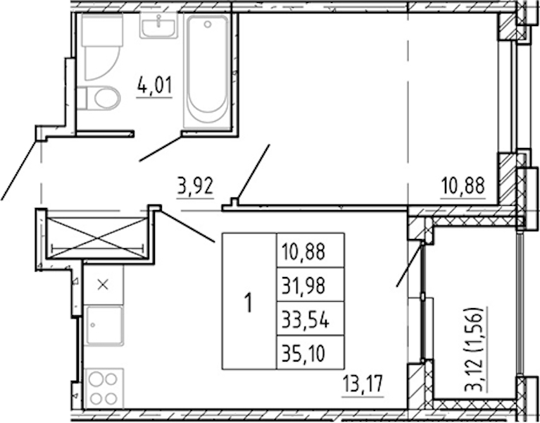 1-комнатная квартира 31.98 м², 5/12 эт., ЖК «Полис Новоселье»